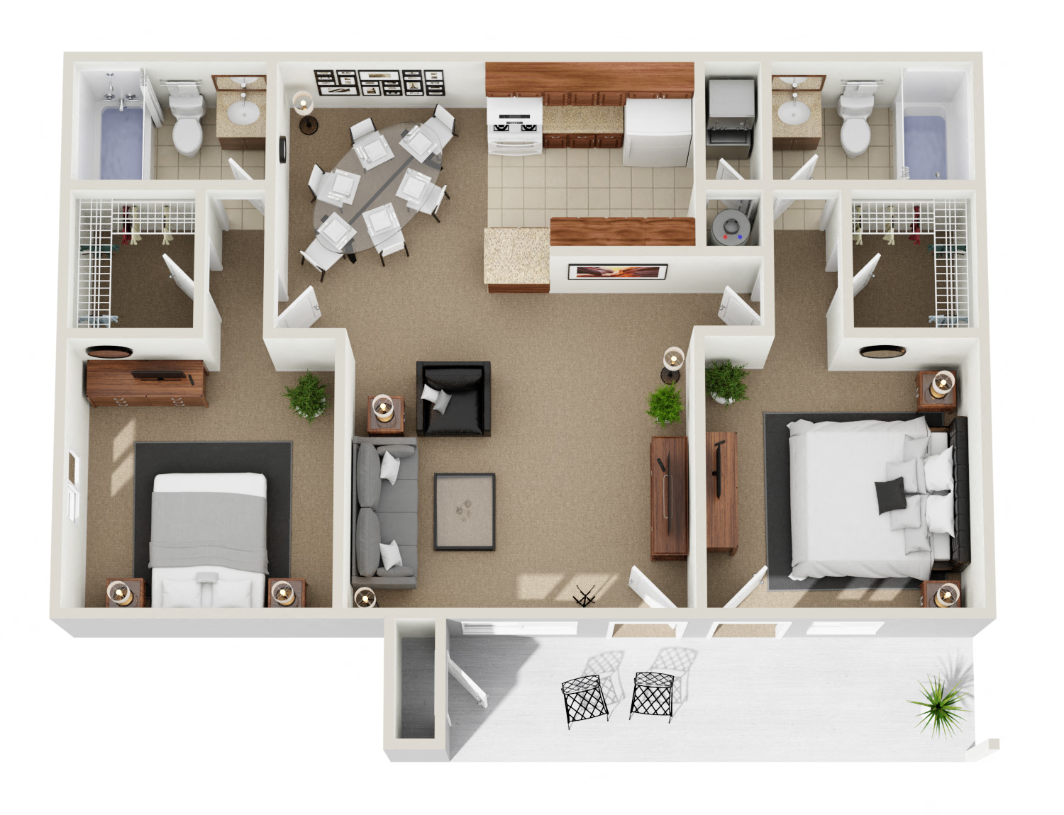 Floor plan for 2 beds, 2 baths, 896 sqft